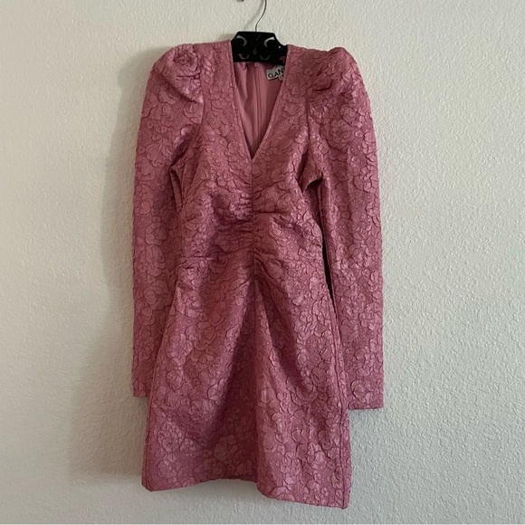 Ganni Pink Jacquard V-Neck Mini Dress Orchid Smoke NWOT EU 34 - Picture 9 of 12